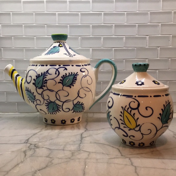 Anthropologie Teapot & Sugar Set Botanical Swirls